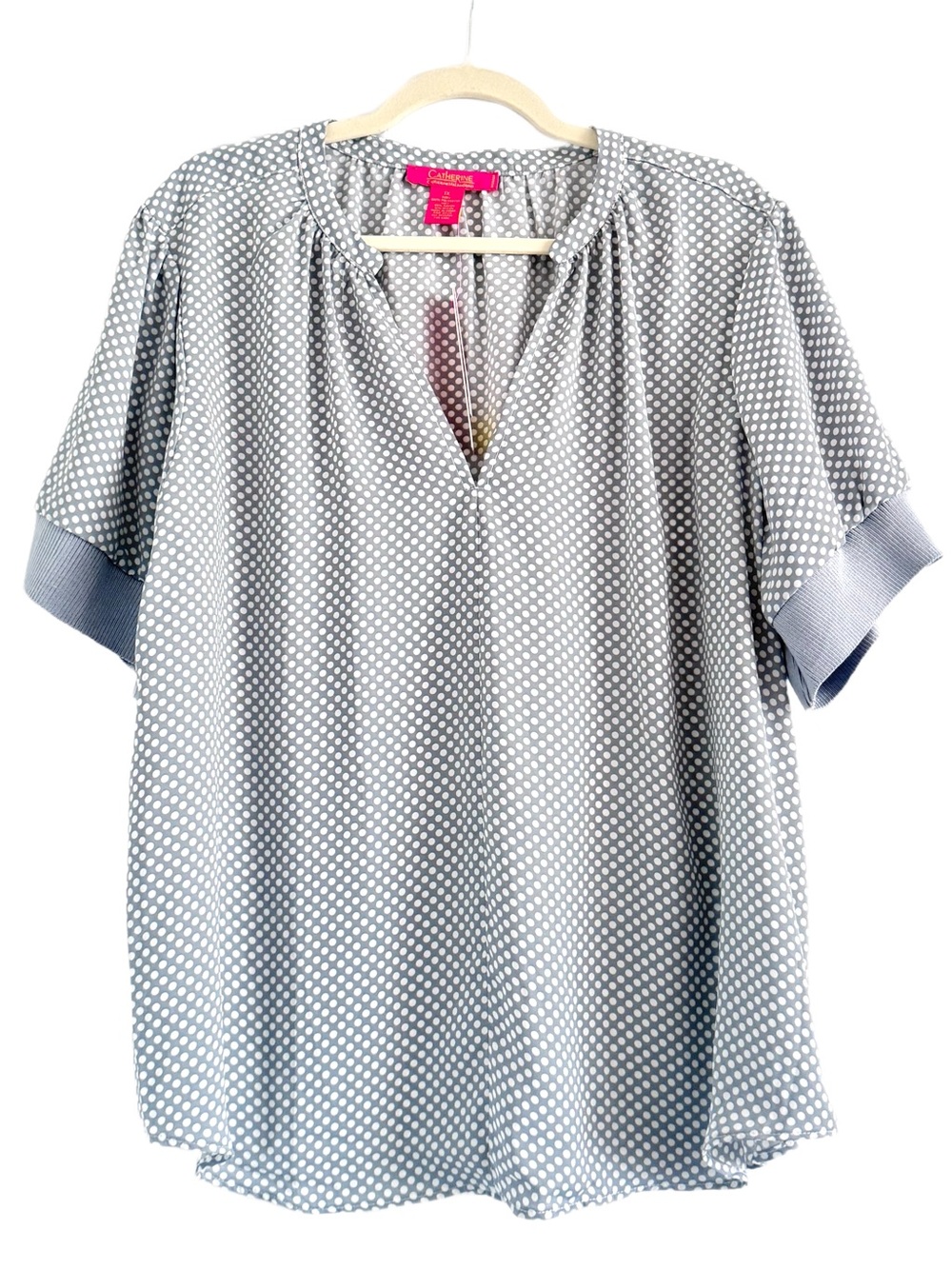 Catherine Malandrino Light Blue Gray and White Polka Dot Short Sleeve Blouse 1
